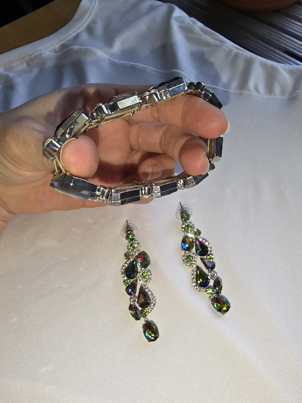 Multicolor Iridescent Crystal Stretch Bracelet & Drop Earrings Set